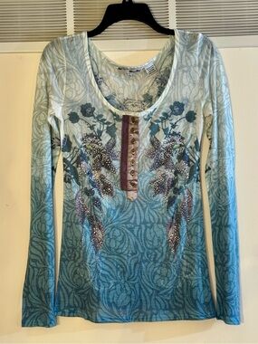 Miss Me Green Floral Rhinestone Long Sleeve Blouse Button Down Top Large NWOT